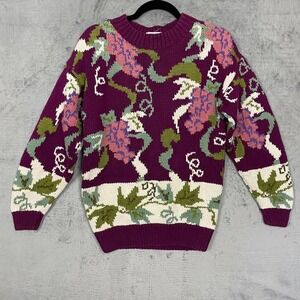Chunky‎ Hand Knit Grape Floral Sweater Small Bold Knit Grandma Statement Grunge